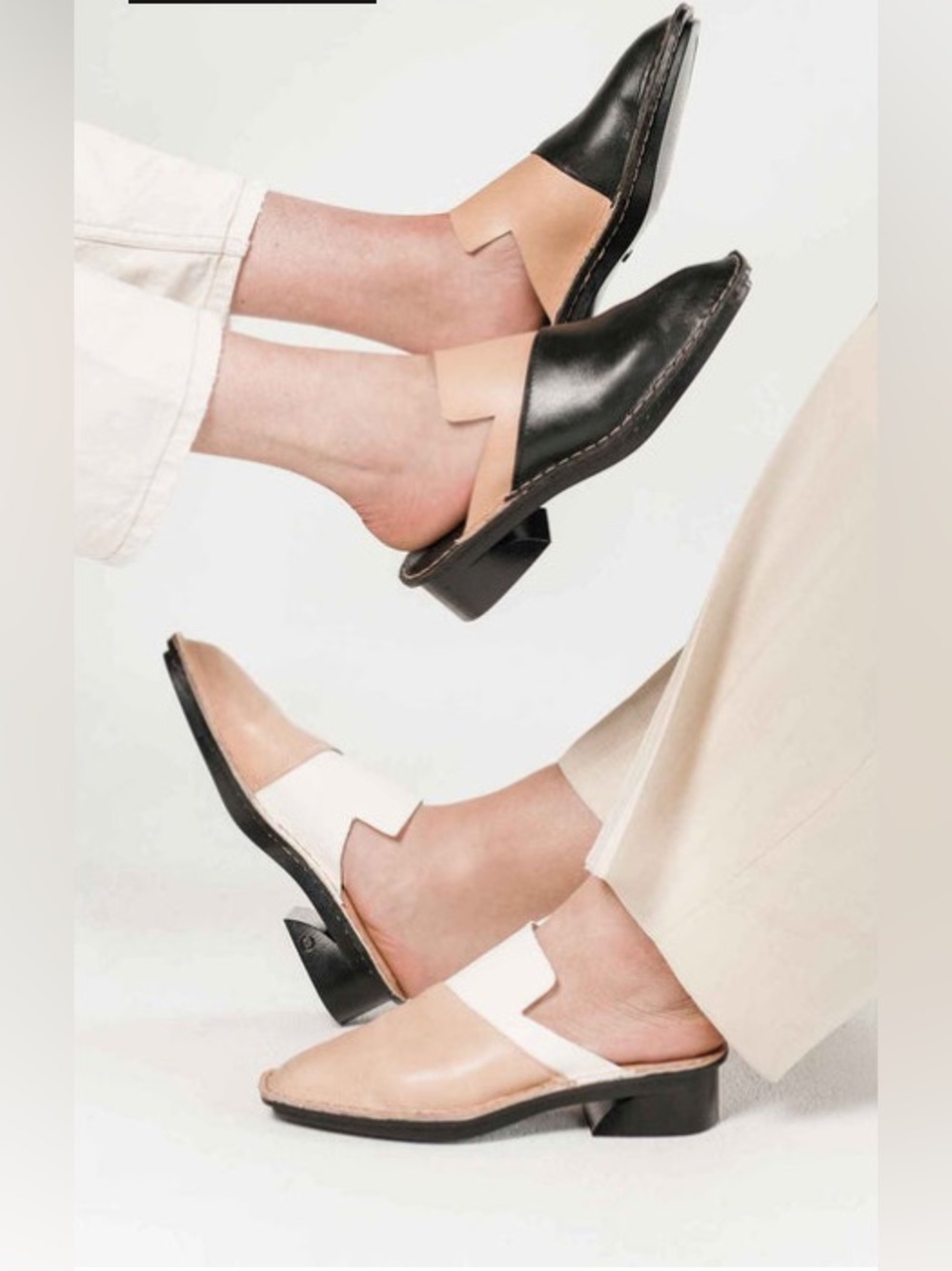 Hilos Leather Colorblock Mule Block Heel Shoes Black Tan Size 8